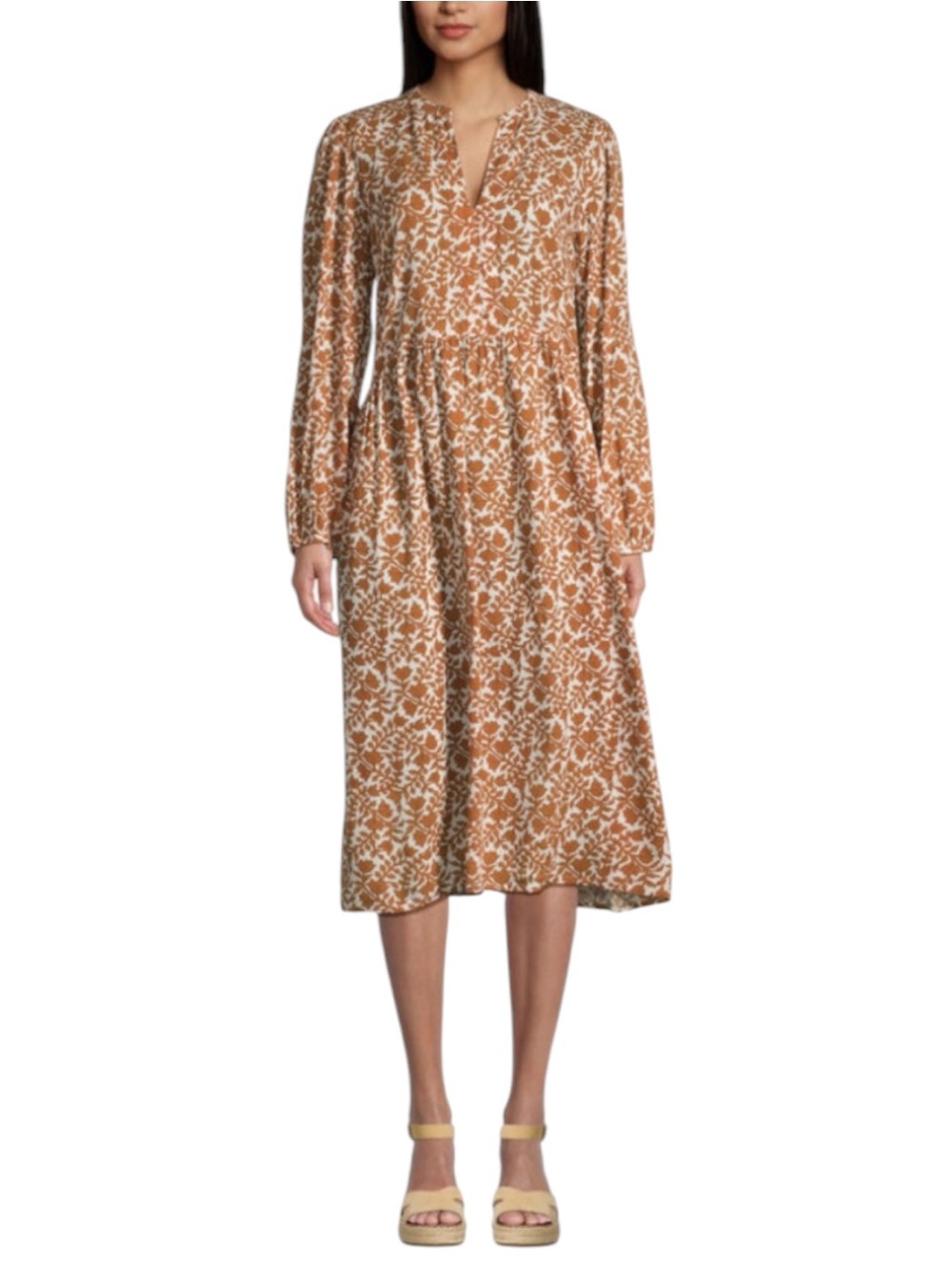 World Market Boho Rust Floral Longsleeve Split Neck Midi Dress